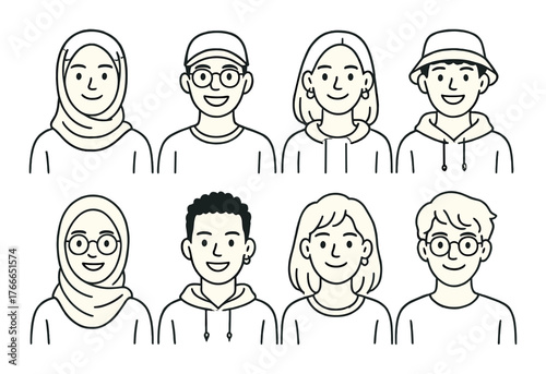 Diverse group of smiling teens in casual outfits with headscarves and hats