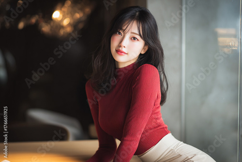 クリスマスシーズンにデートの待ち合わせをする美しい女性。