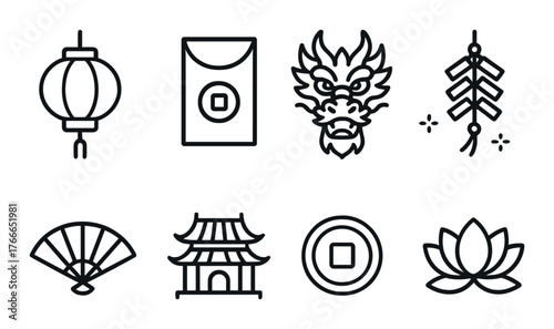 Traditional asian symbols: lantern, dragon, pagoda, and more icons on dark background