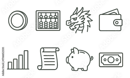 Financial icons collection featuring abacus and piggy bank on metallic background