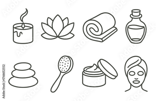 Spa essentials illustration: candle, lotus, towel, oil, stones, brush, cream, mask