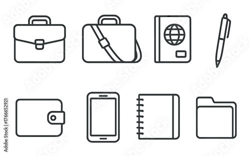 Minimalistic icons of briefcase, suitcase, passport, pen, wallet, smartphone, notebook, folder