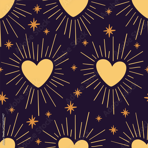 Hearts seamless pattern, background. Hand drawn boho, bohemian, gothic, vintage style illustration