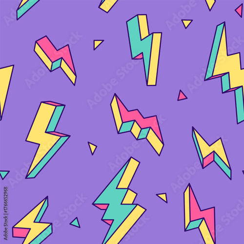 Lighting bolts 3d volumetric geometric drawings, vintage, retro style seamless pattern, background