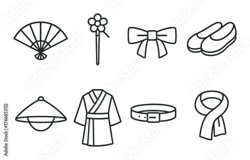 Traditional asian apparel and accessories icons on dark background