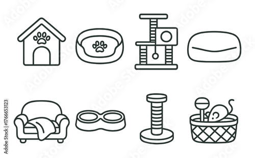 Icons of cat accessories including house, bed, toys, and scratching post