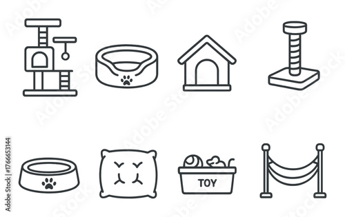 Pet supplies icon set: bed, house, toys, and scratching post