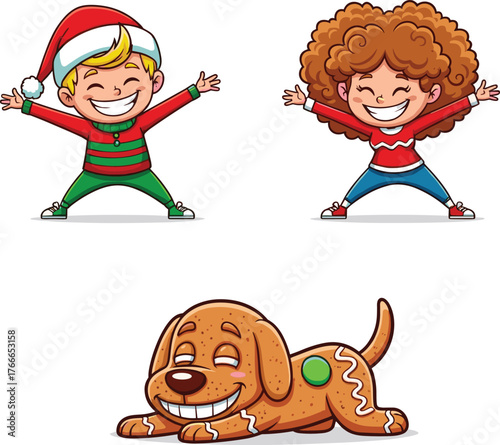 Happy kids wearing Christmas clothes doing holiday exercises with cute smiling gingerbread dog, fun festive winter illustration for celebration joy