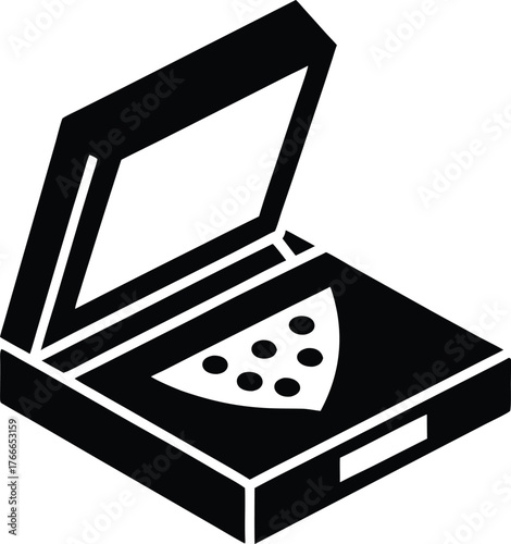 Open black and white pizza box with a slice of pizza inside on a white background