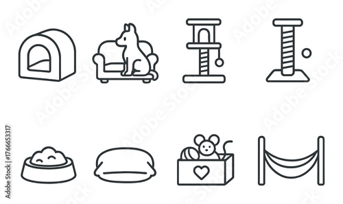 Minimalist pet furniture icons: cat condo, dog couch, scratch post, toy box, feeding bowl