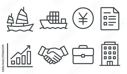 Outline icons of shipping, finance, and business on gradient background