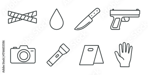 Set of crime scene icons: knife, gun, camera, tape, blood, flashlight, tent, handprint
