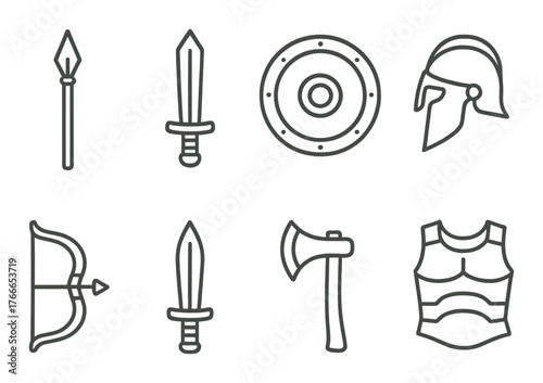 Collection of medieval weapons and armor icons on brown background