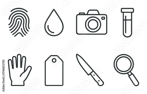 Forensic investigation icons: fingerprint, blood drop, camera, test tube, glove, tag, knife, magnifying glass