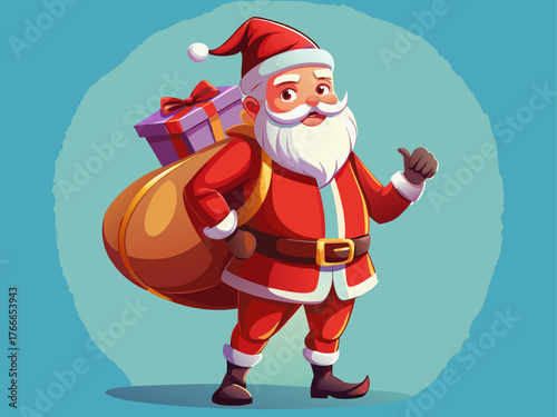 realistic vector of Santa Claus carrying a big sack of presents, standing pose, smiling face, soft gradient background, high detail, festive illustration, red suit, winter holiday theme