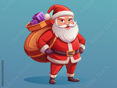 realistic vector of Santa Claus carrying a big sack of presents, standing pose, smiling face, soft gradient background, high detail, festive illustration, red suit, winter holiday theme