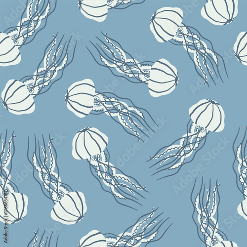 Jellyfish seamless pattern. White jellyfish on blue background. Water, ocean life, marine creatures design for fabric, paper, fashion, wallpaper.