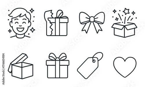 Gift icons collection: presents, boxes, bows, and tags on black background