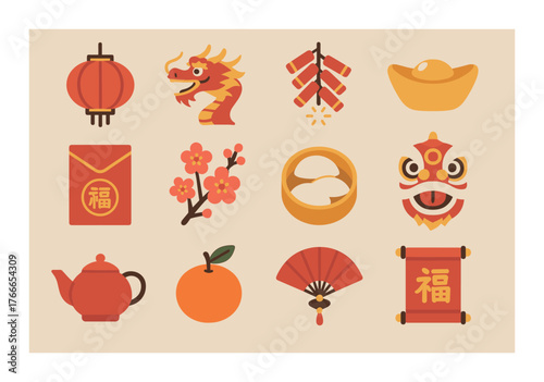 Chinese new year symbols: lantern, dragon, firecrackers, gold ingot, red envelope, dim sum