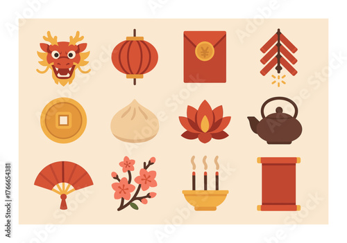 Traditional asian cultural symbols: dragon, lantern, fan, ceremonial items