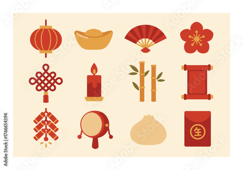 Traditional asian icons: lantern, fan, bamboo, dumpling, scroll, firecrackers, knot, red packet