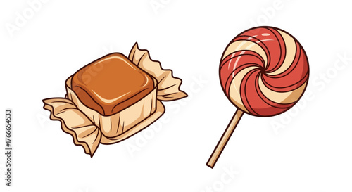 A caramel square in wrapping and a swirled lollipop candy on a stick