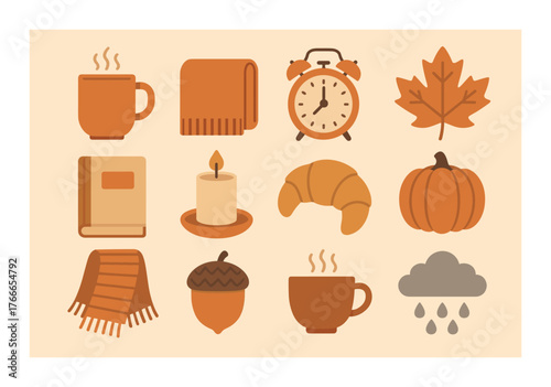 Autumn essentials: cozy mugs, pumpkins, blankets, and falling leaves icons