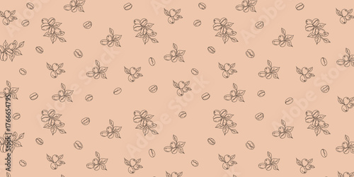 Elegant Coffee beans and flowers outline pattern on a light brown background