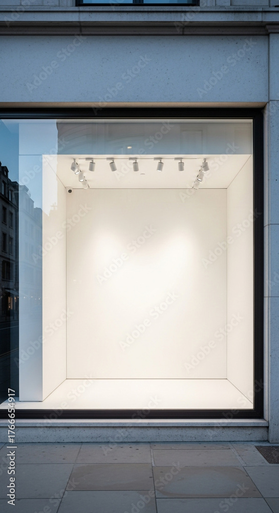 Fototapeta premium Elegant empty display window illuminated by sharp spotlights within light stone facade