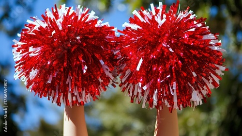 Two vibrant red and white pom-poms are raised in the air, symbolizing cheer and enthusiasm during a sporting event or celebration.
