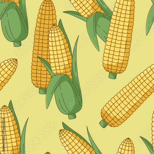 Corn, corncob in leaves seamless pattern, background