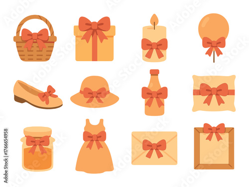 Gift baskets and items decorated with red bows