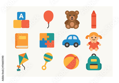 Colorful children's toys collection: blocks, balloons, teddy bear, crayons, puzzle, doll, backpack