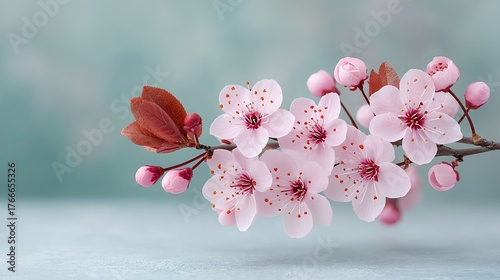 Delicate Pink Cherry Blossoms Bloom on a Twig with Red Leaves Against a Soft Teal and Blue Background in Soft Light