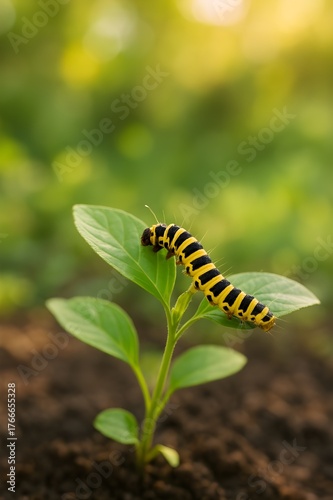 black and yellow caterpillar resting on green leaf in sunlight
