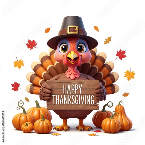 Happy thanksgiving cartoon turkey bird holding a wooden sign and surrounded by pumpkins corn and gourds autumn harvest celebration
