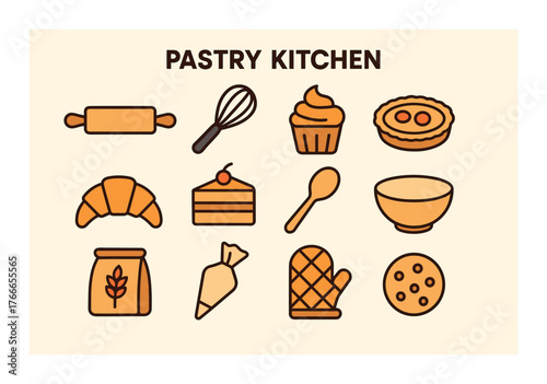 Pastry kitchen icons including rolling pin, whisk, cupcake, pie, and oven mitt