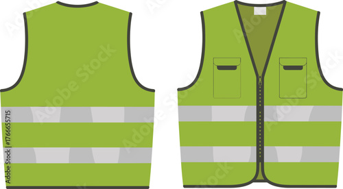 High-visibility safety vest technical drawing front and back view with reflective stripes, zipper, flap pockets, vector illustration for industrial use