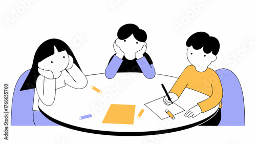 Participants displaying various emotions such as excitement and contemplation around the round table each holding a different tool for creative expression like colored pencils and