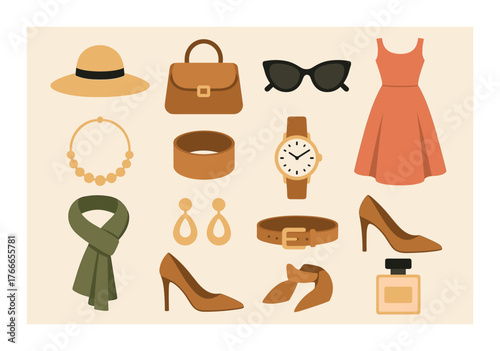 Fashion accessories and apparel illustration featuring dress, shoes, hat, and jewelry
