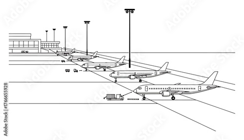 Minimalist Vector Airport Scene: Airplanes on Runway, Clean Lines, High Contrast