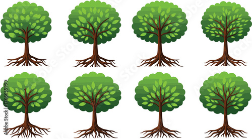 Green tree illustration pattern, stylized forest design, botanical nature background, eco friendly concept, leafy canopy art, environmental roots, decorative foliage, natural growth