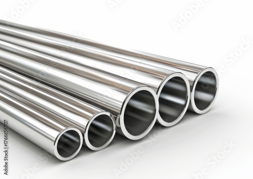 Assortment of stainless steel pipes and metal profiles isolated on white background. Industrial construction materials, plumbing, and pipeline system components.