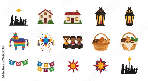 Array of festive symbols silhouette houses lantern piñata choir treats garland and star burst