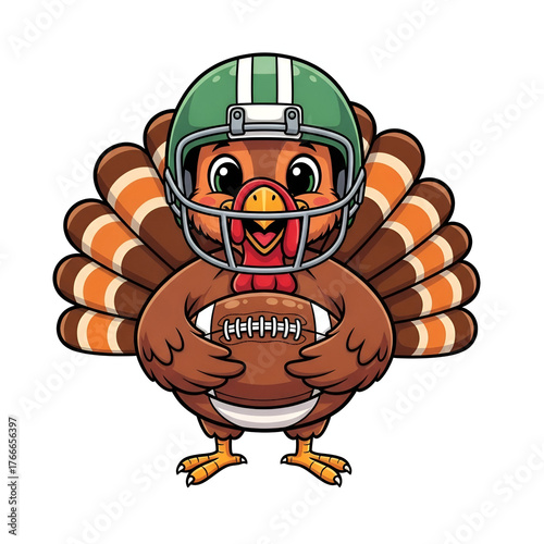 Thanksgiving turkey wearing football helmet holding ball cartoon illustration
