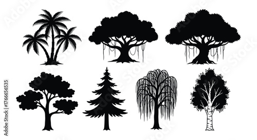 Collection of different tree silhouettes isolated on white background, including palm, banyan, pine, and birch