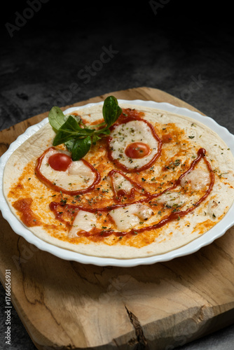 Close-up of Halloween-themed pizza with smiling face made from vegetables and cheese on white plate over wooden board, top view food photography