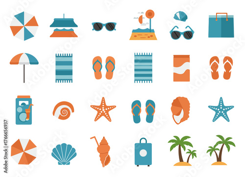Summer Beach Elements Flat Vector Pack - Minimalist Icon Set