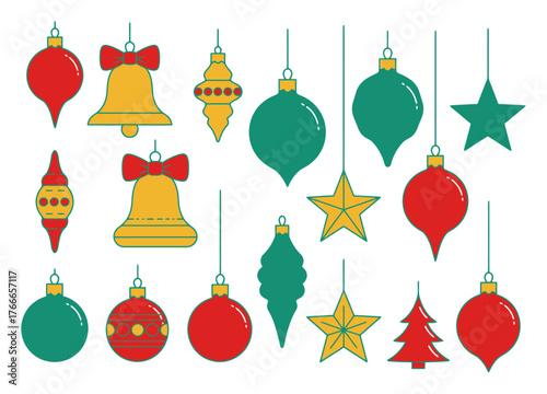 Minimalist Flat Design Christmas Ornament Vector Set, Simple Clean Lines, White Background