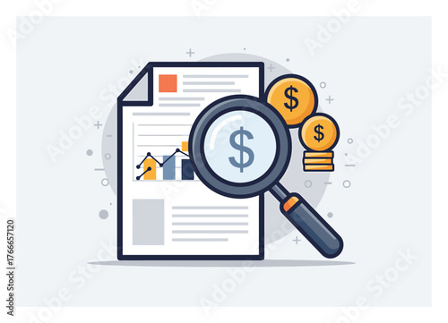 Minimalist Vector Magnifying Glass Analyzing Financial Document, Data Analysis Concept